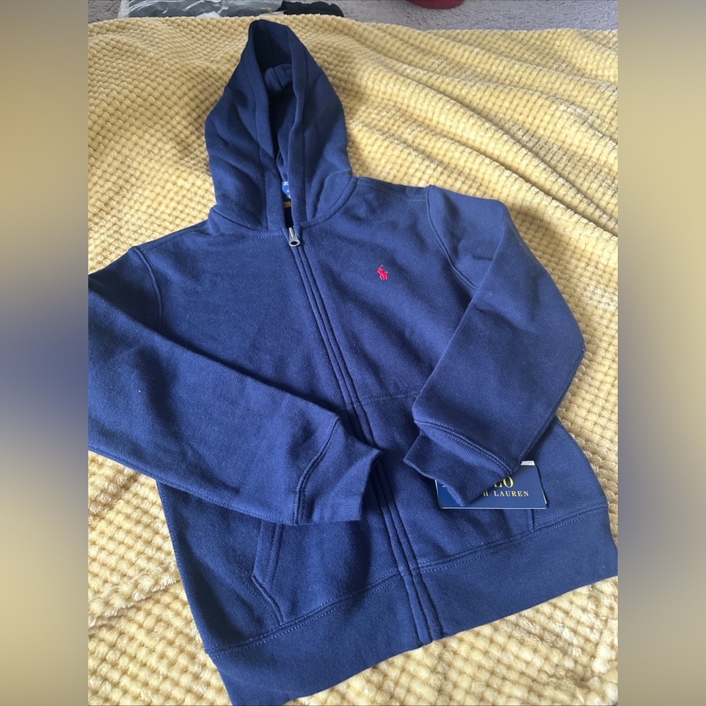 RALPH LAUREN • Boys Kids Polo Zip Thru Hoodie Sweater Navy Blue Cardigan